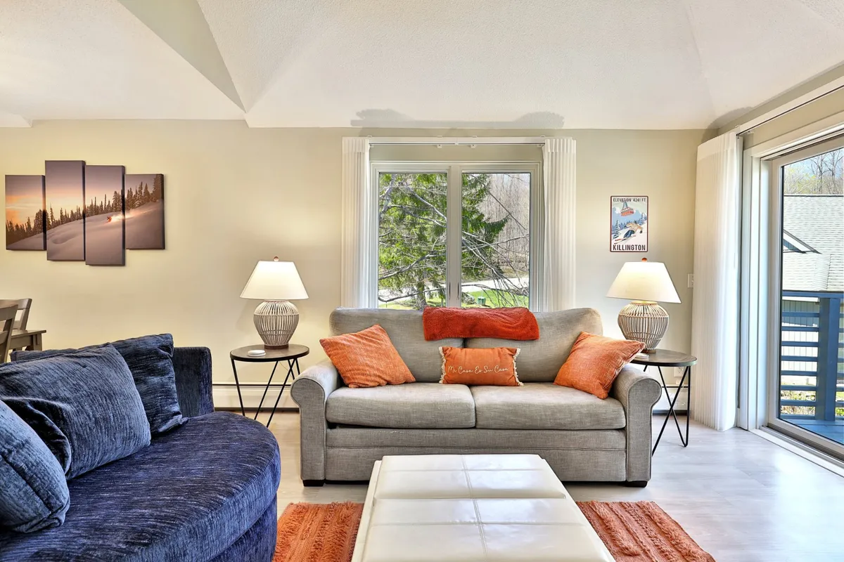 A welcoming living area with a comfortable sofa adorned with decorative pillows, artwork on the wall, and a window offering a view. The setup invites relaxation, reading, and socializing, making it a fitting representation of the pull-out sofa option for extra guests.