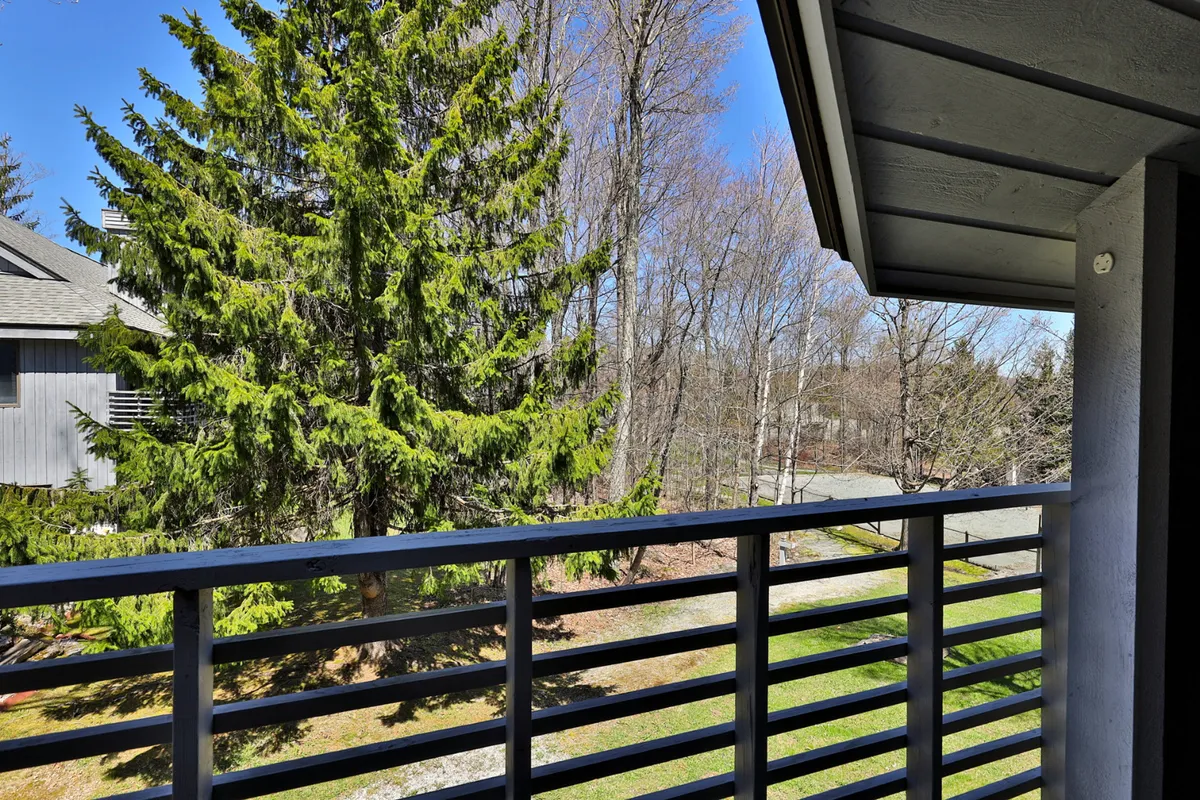 A peaceful exterior balcony scene, with a tall evergreen tree and a view of the surrounding landscape. The tranquil setting suggests a spot for morning coffee, quiet reading, or soaking in the mountain atmosphere.